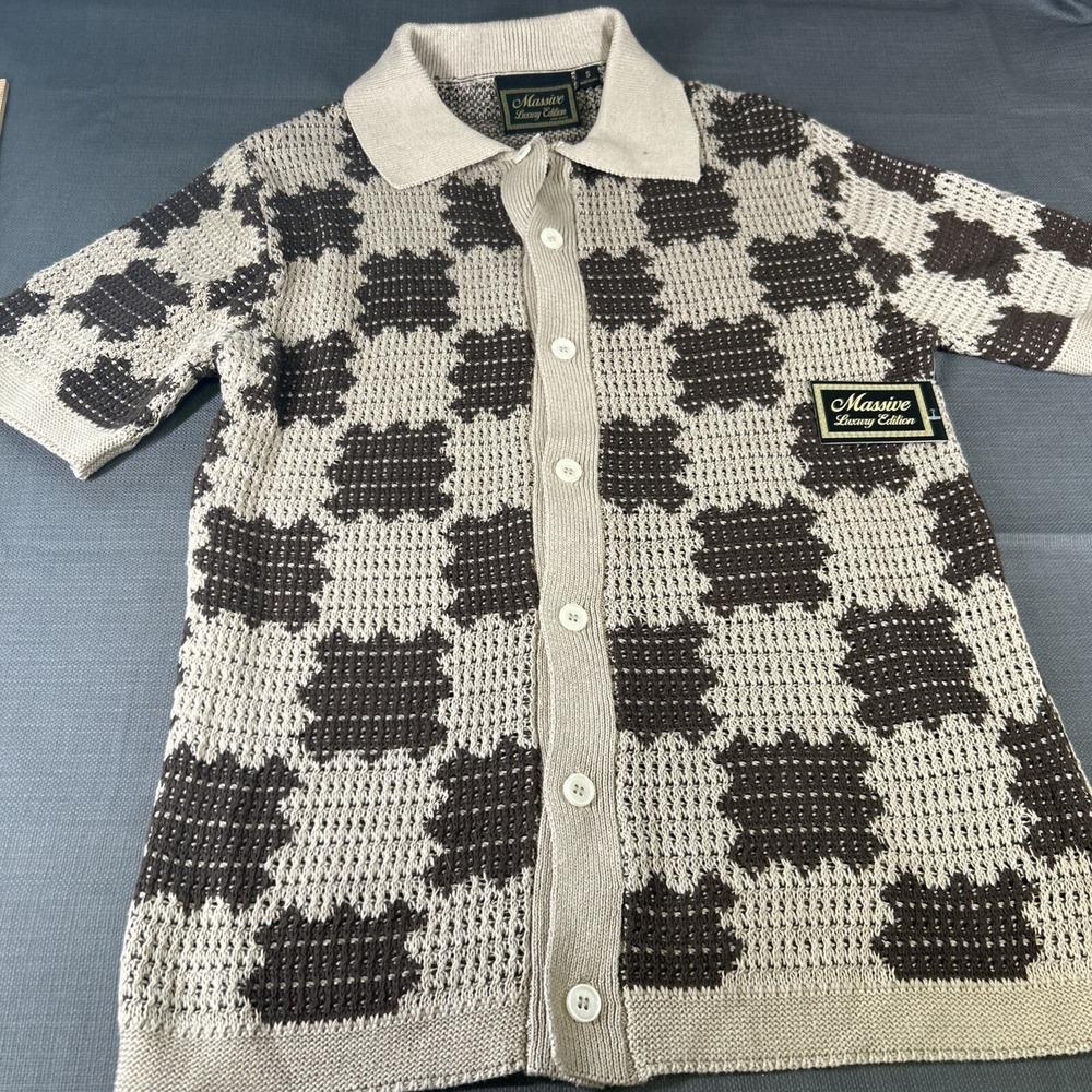 Massive Luxury Edition Mens Small Brown Beige Checkered Crochet Knit Shirt NEW